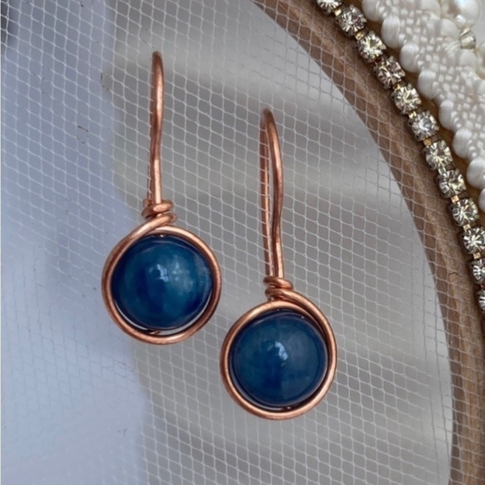 Blue Kyanite and Copper Wire Wrapped Minimalist Drop Earrings